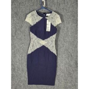 Paper Dolls Navy Blue White Lace Sheath Dress Cap Sleeve US 6 Wedding Party Work